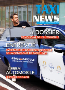 Couverture du magazine Taxi News du mois de novembre avec un taxi à hydrogène Hype