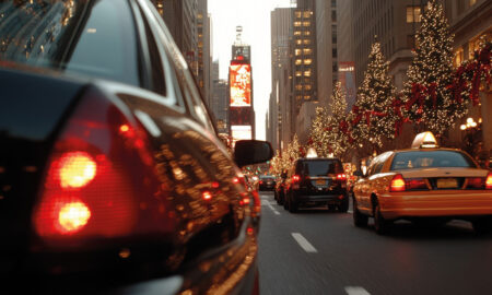 Taxis New-Yorkais dans une avenue avec illuminations de Noël