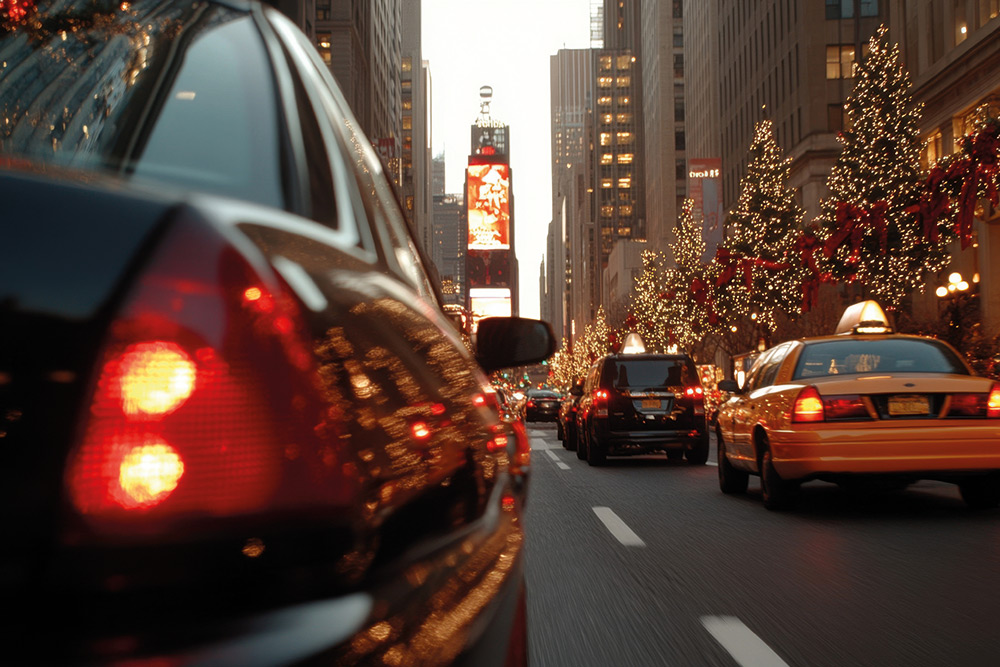 Taxis New-Yorkais dans une avenue avec illuminations de Noël